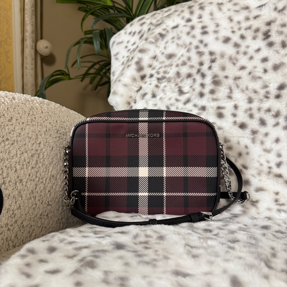 Michael Kors Burgundy Plaid Mini Crossbody Bag